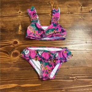 Janie and Jack Pink hibiscus Floral Kids two piece with ruffles size 4